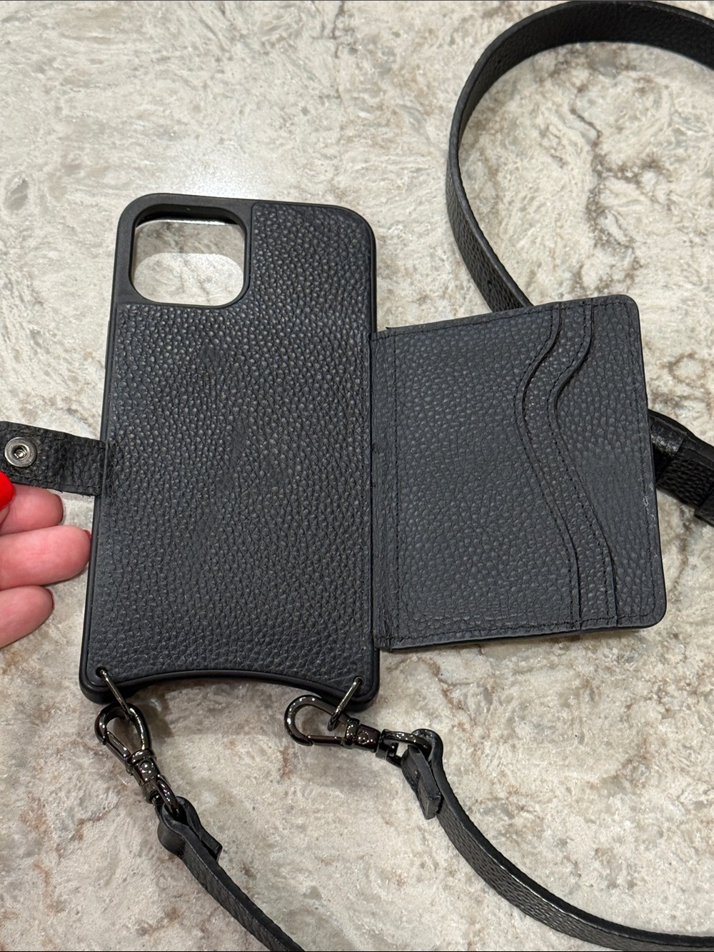 Bandolier Black Leather Crossbody Phone Case with Strap - Picture 7 of 11
